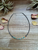 Turquoise and spiny oyster heishi choker with 3mm sterling silver pearls and extender, handmade Western jewelry piece
