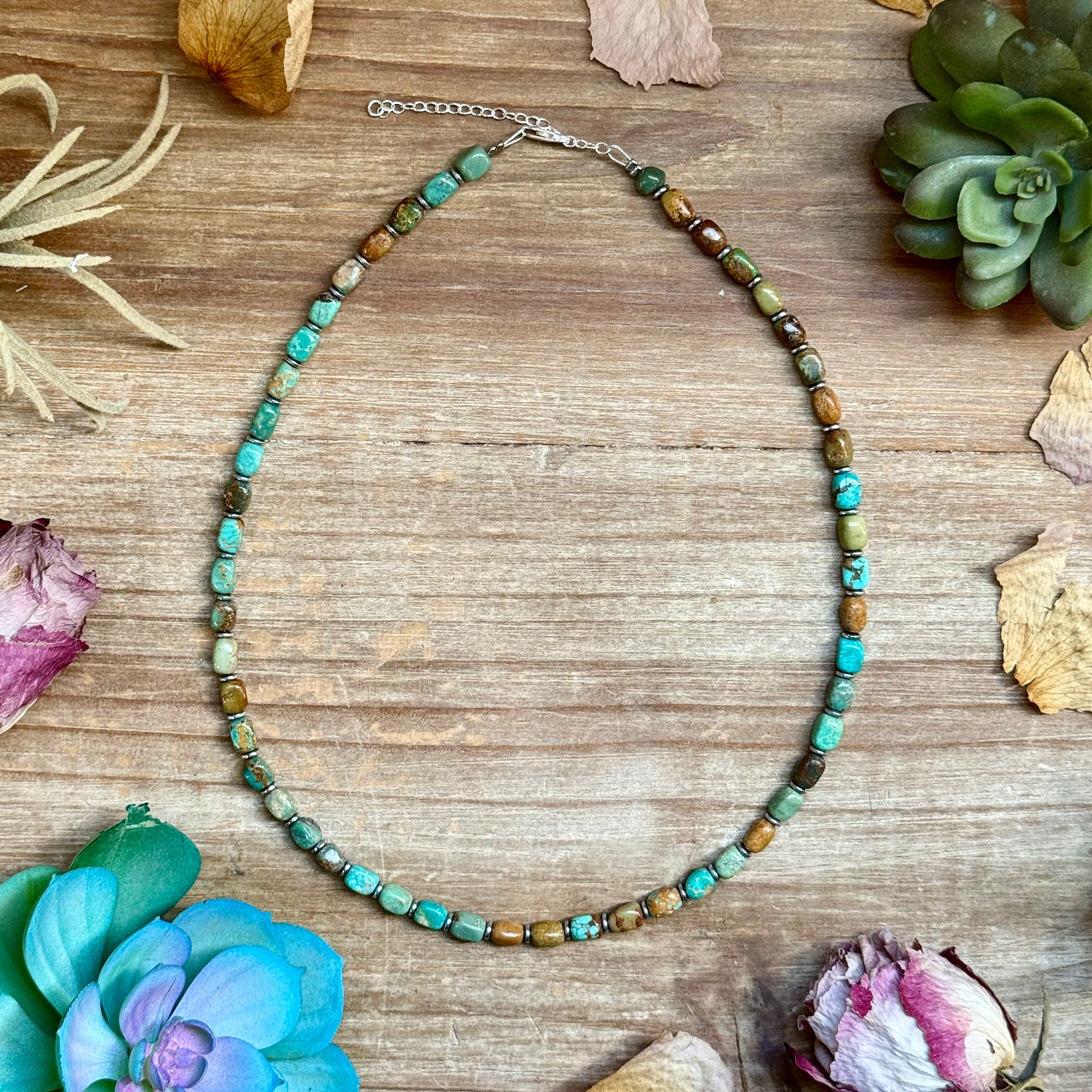 Turquoise tube bead necklace with hematite spacers and sterling silver chain, 18 inch length with extender, handmade jewelry.