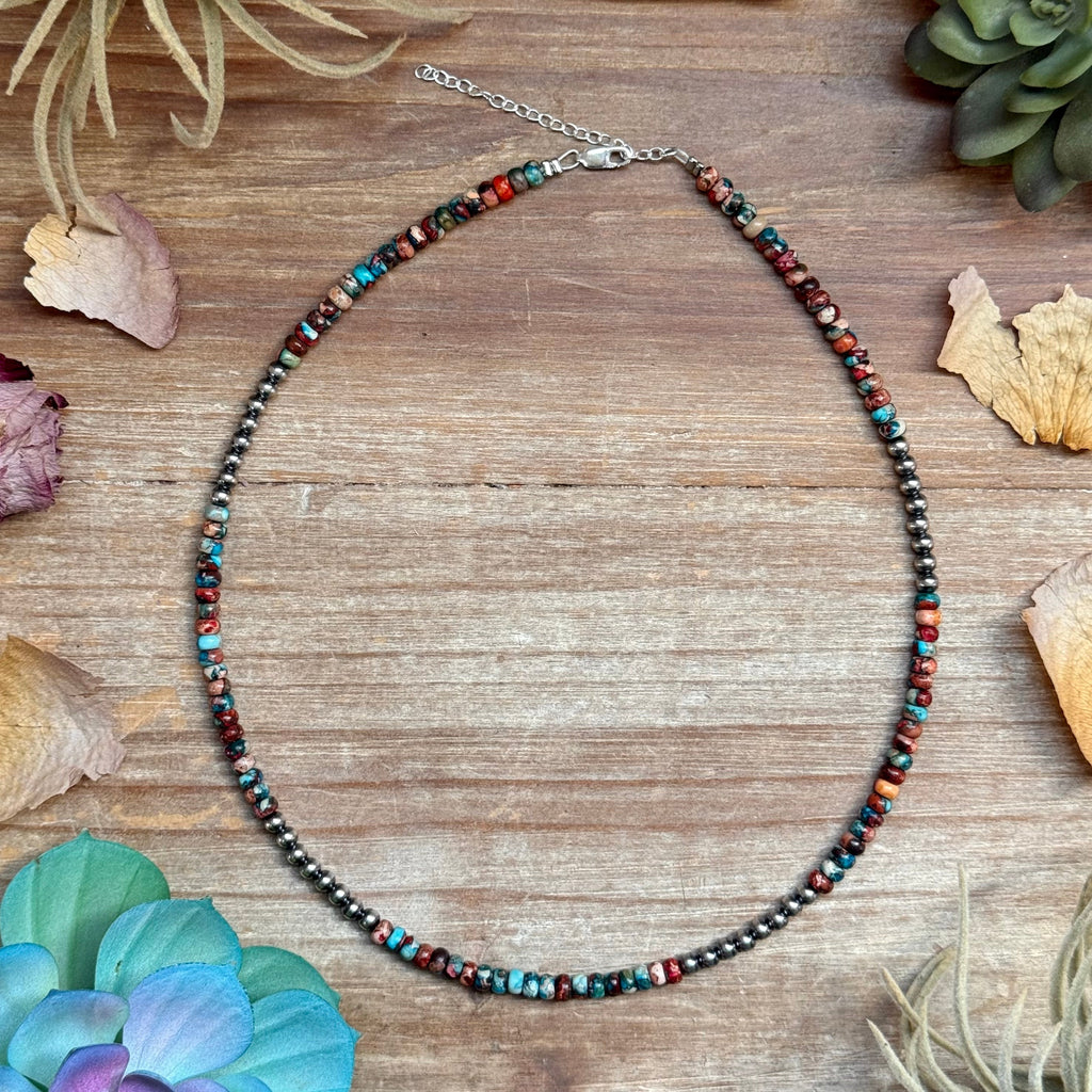 Blue and pink sea sediment rondelle necklace 17 inch with sterling silver, colorful Western boho jewelry piece