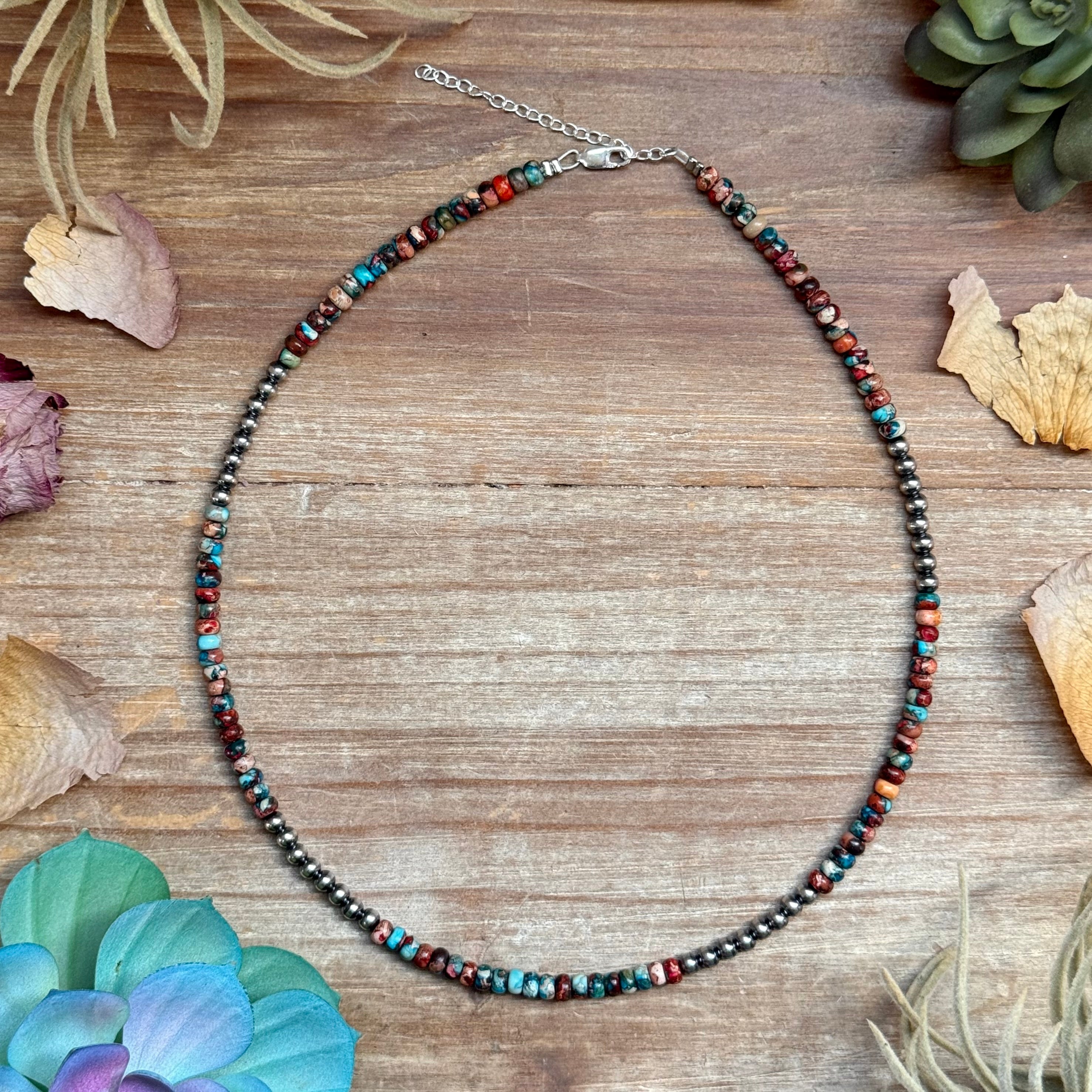 Blue and pink sea sediment rondelle necklace 17 inch with sterling silver, colorful Western boho jewelry piece