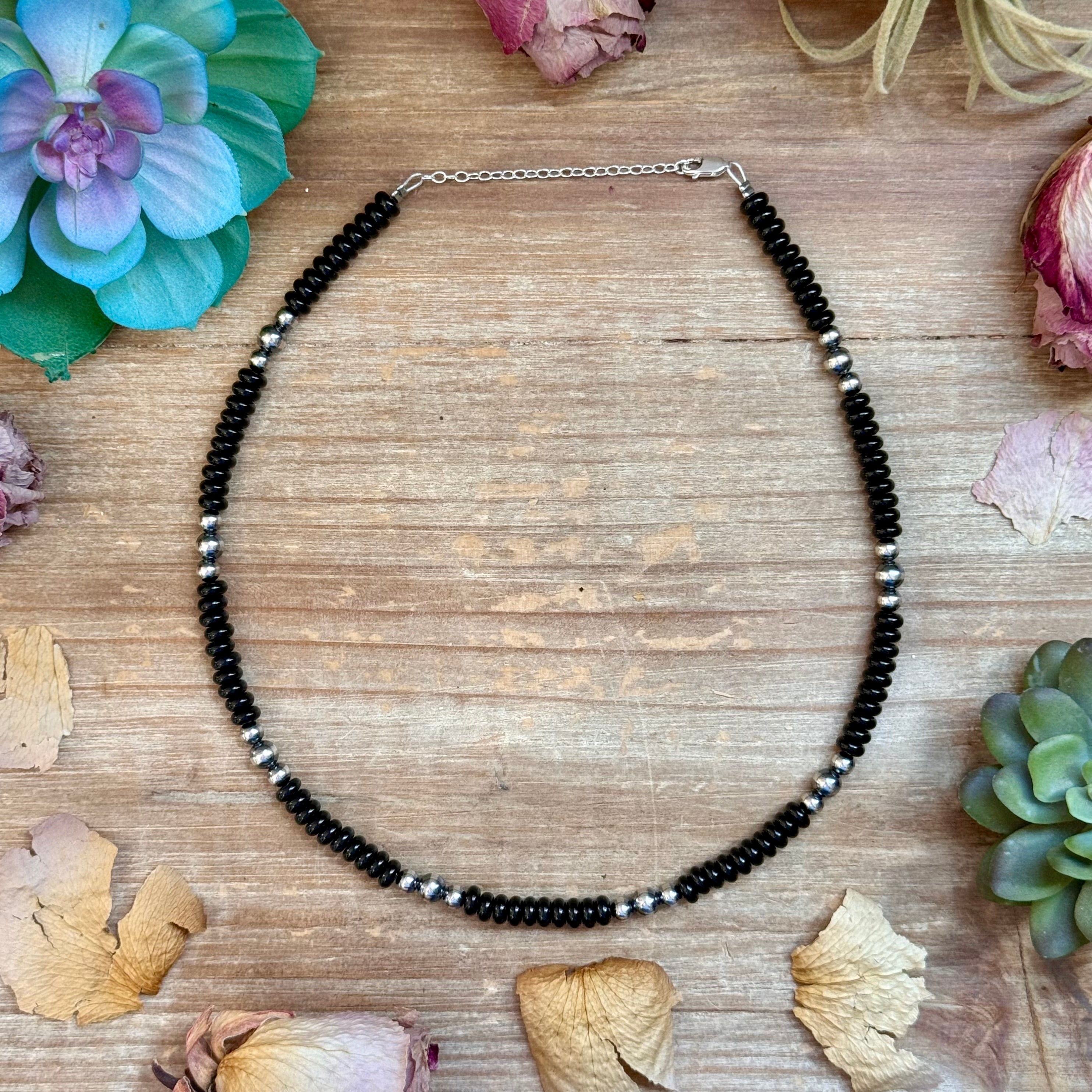 Black Onyx & Sterling Pearl Necklace 16.5”