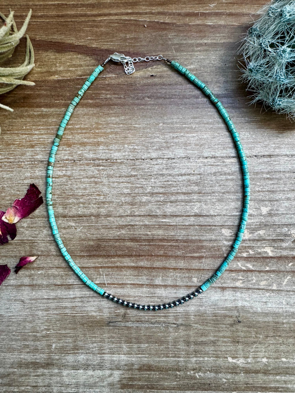Green magnesite heishi choker with sterling silver pearls western handmade jewelry by The Bijoux FAB.