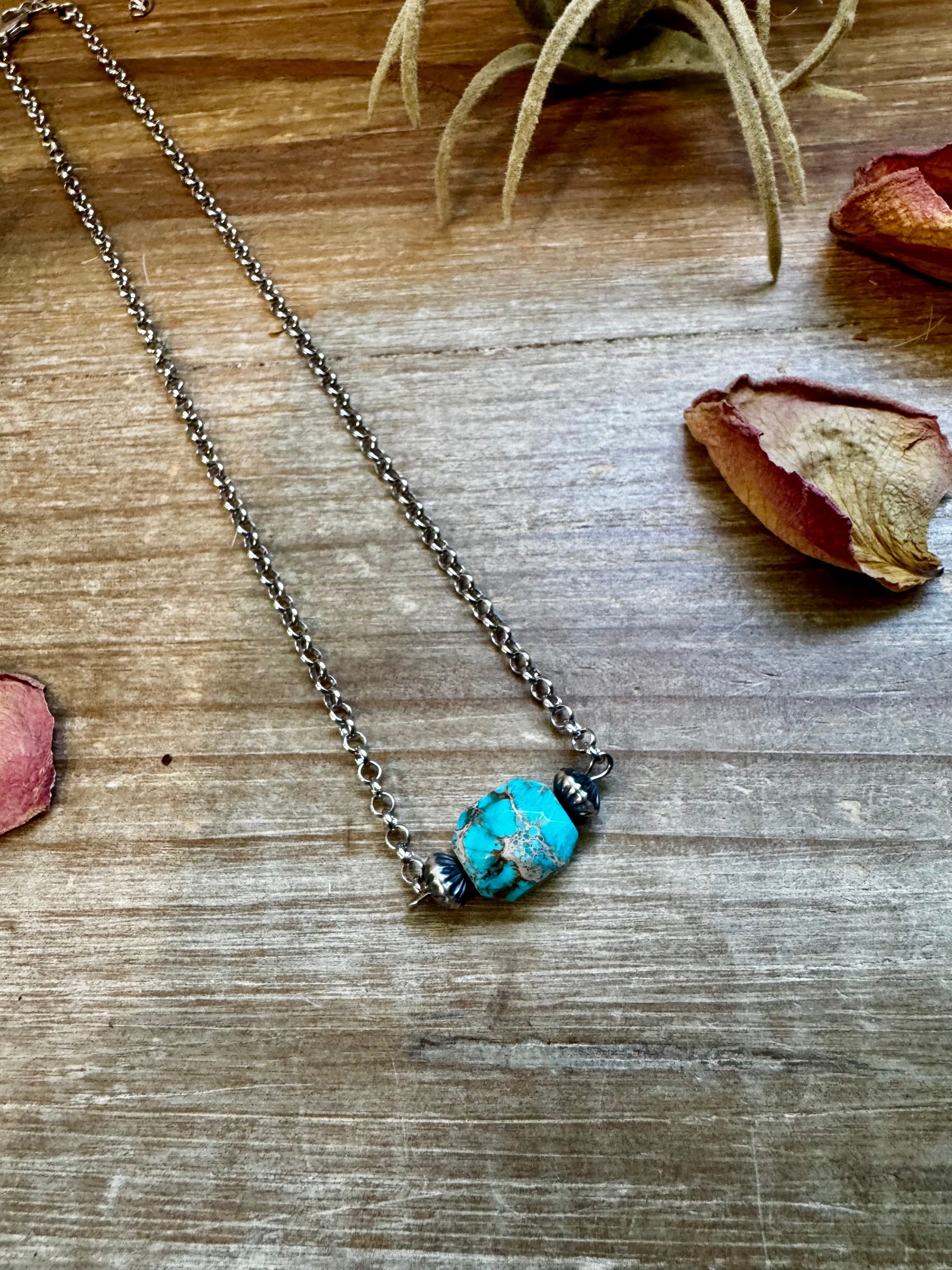 16 inch long necklace with saucer Sterling Silver Pearls and turquoise Variscite