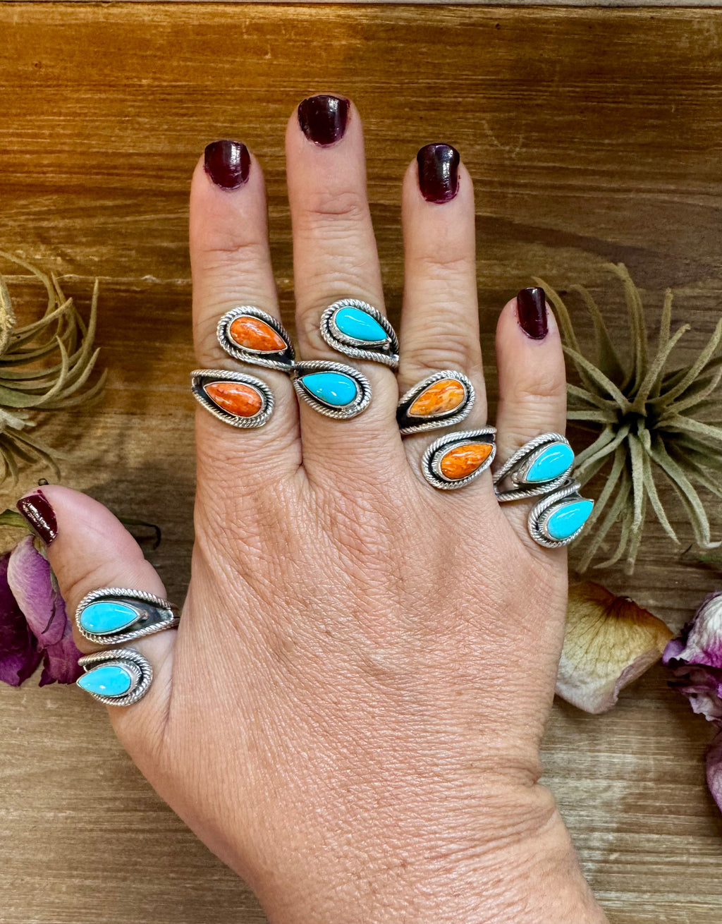 Native-made sterling silver band ring with genuine Kingman turquoise or orange spiny oyster in a smooth bezel setting