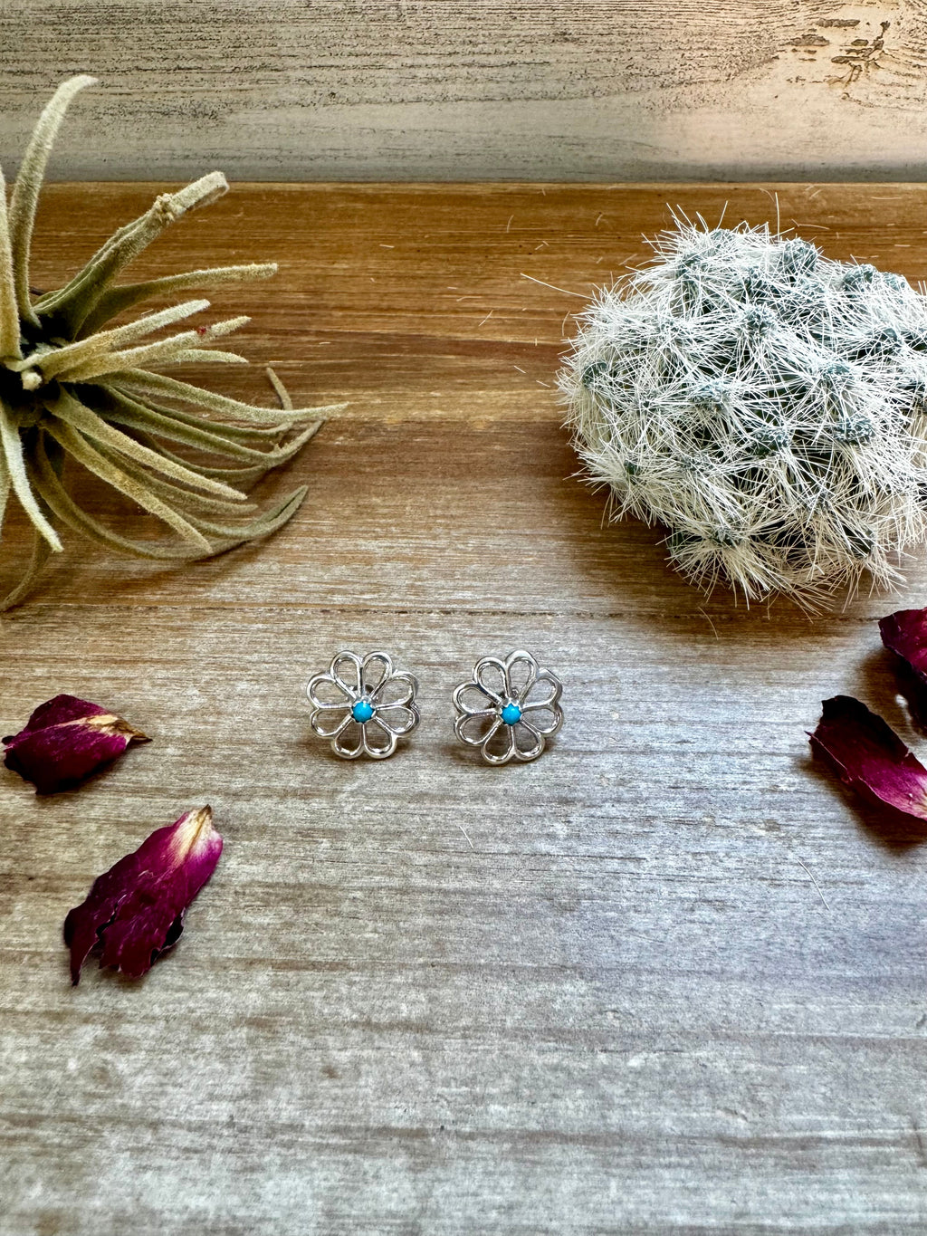 Zuni Turquoise Bloom Sterling Cluster Earrings