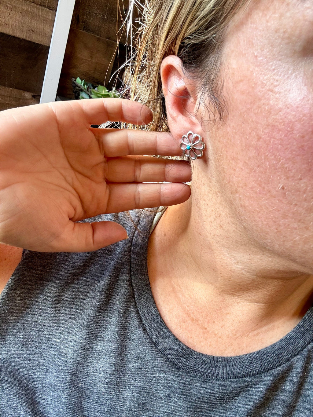 Zuni Turquoise Bloom Sterling Cluster Earrings