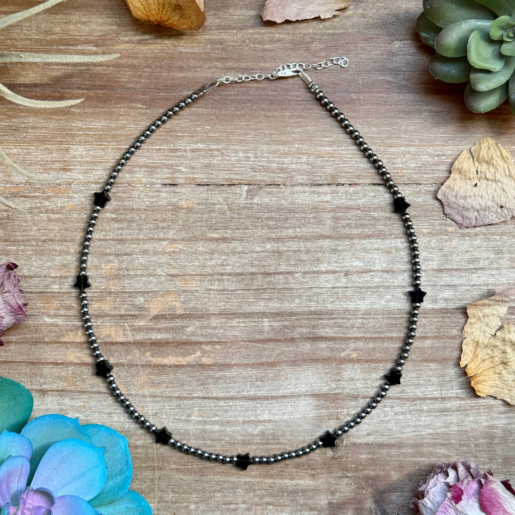 Black onyx star bead necklace with sterling silver pearls, 15 inch length with extender, handmade western jewelry.