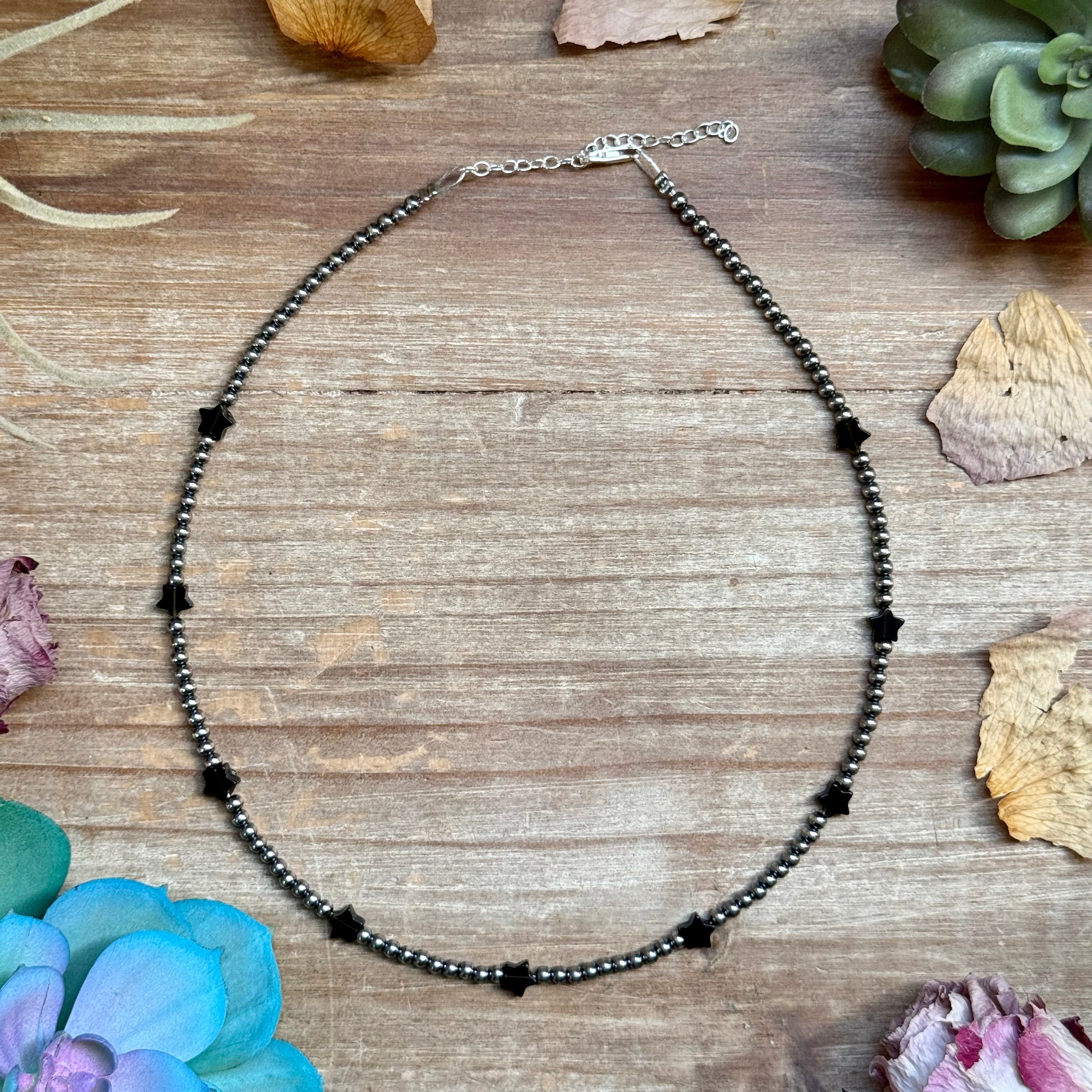 Black onyx star bead necklace with sterling silver pearls, 15 inch length with extender, handmade western jewelry.