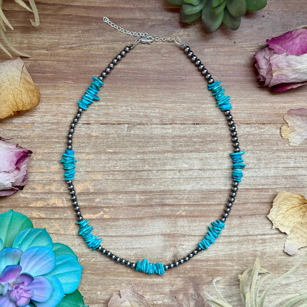 Light blue turquoise chip necklace handmade with natural turquoise stones, 16 inch Western style necklace by The Bijoux FAB.