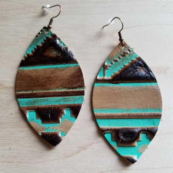 Navajo leather oval earrings 3 inch handmade in Texas, lightweight Western boho earrings with unique pattern