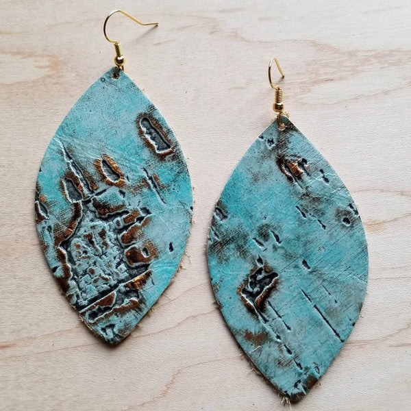 Turquoise metallic leather oval earrings 3 inch lightweight Western boho statement jewelry with shimmering finish