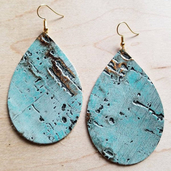 Turquoise metallic leather teardrop earrings in large and small sizes, lightweight Western boho handmade statement jewelry piece
