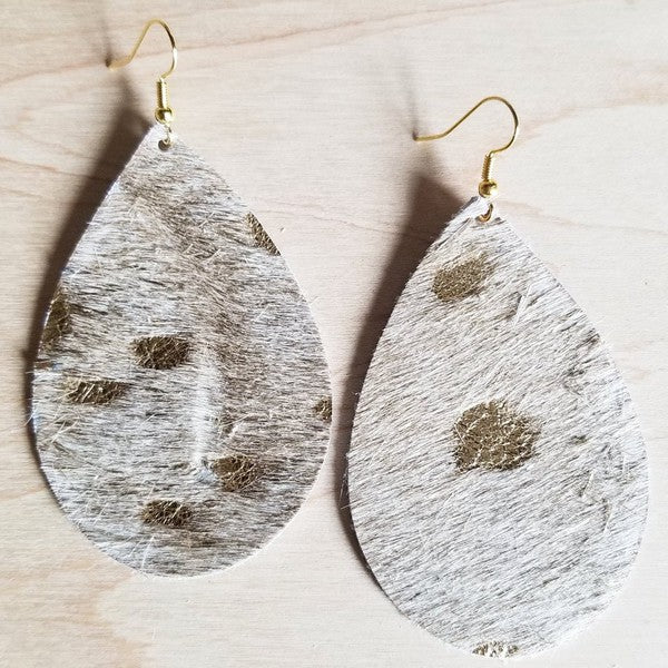 Cream and gold hair on hide teardrop earrings in large and small sizes, lightweight Western boho handmade leather jewelry