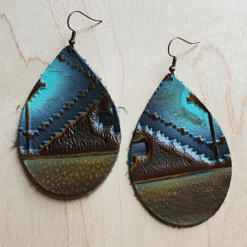 Blue Navajo leather teardrop earrings in large and small sizes, lightweight Western boho handmade statement jewelry piece