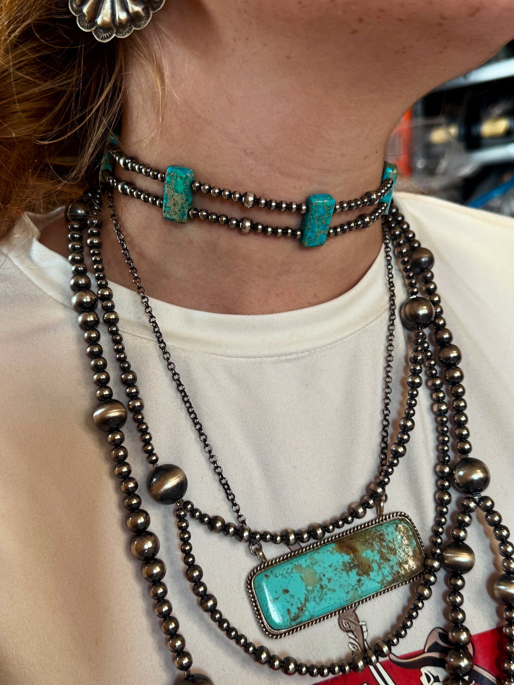 Pink Blue Variscite Double Strand Necklace – Sterling Silver Pearls 13” Choker | The Bijoux FAB