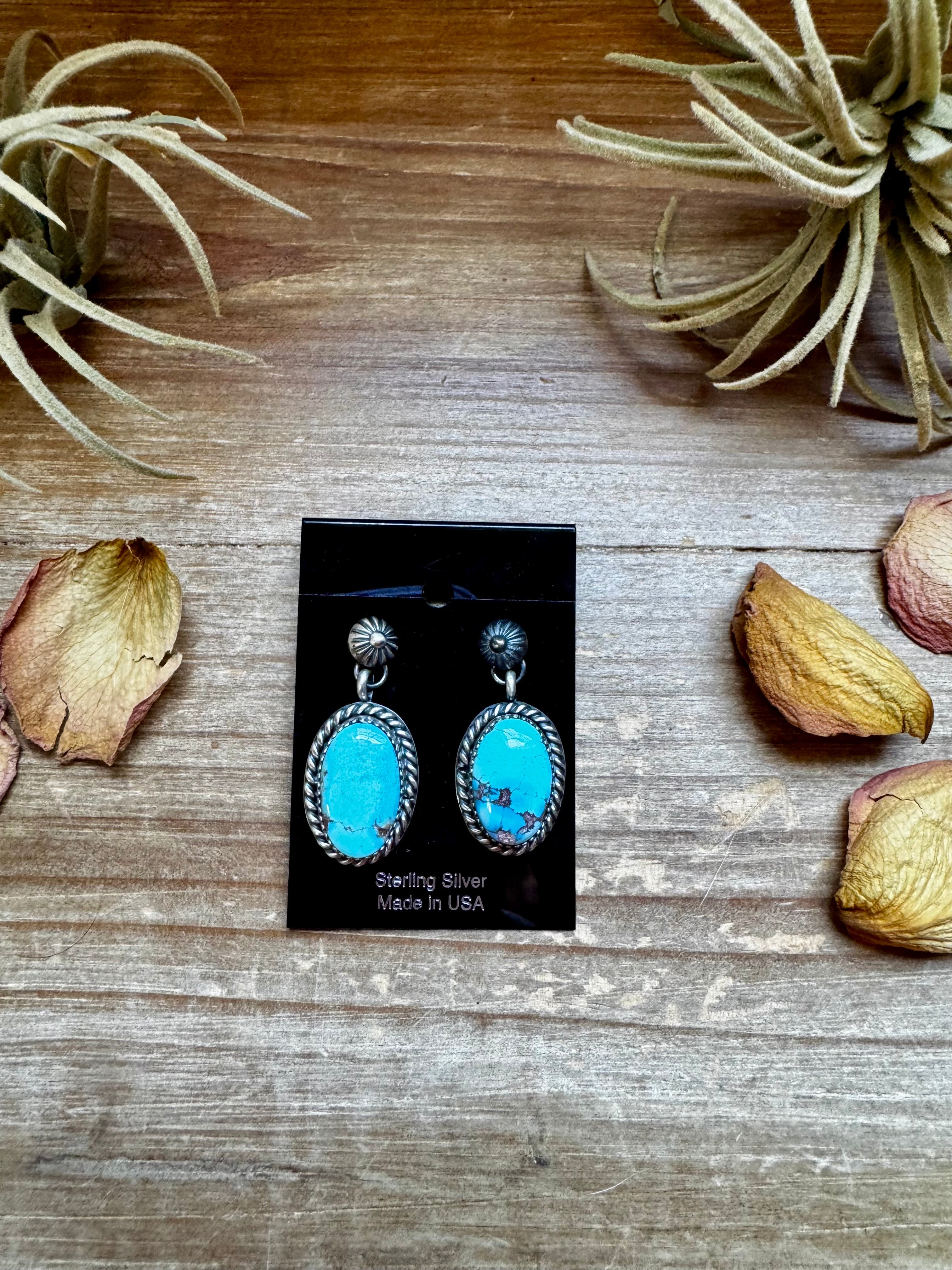 Golden Hill turquoise dangle earrings in sterling silver with soft lavender blue tones and natural matrix, handmade in the USA
