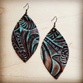 Turquoise brown floral leather oval earrings 3 inch lightweight Western boho statement earrings with unique pattern