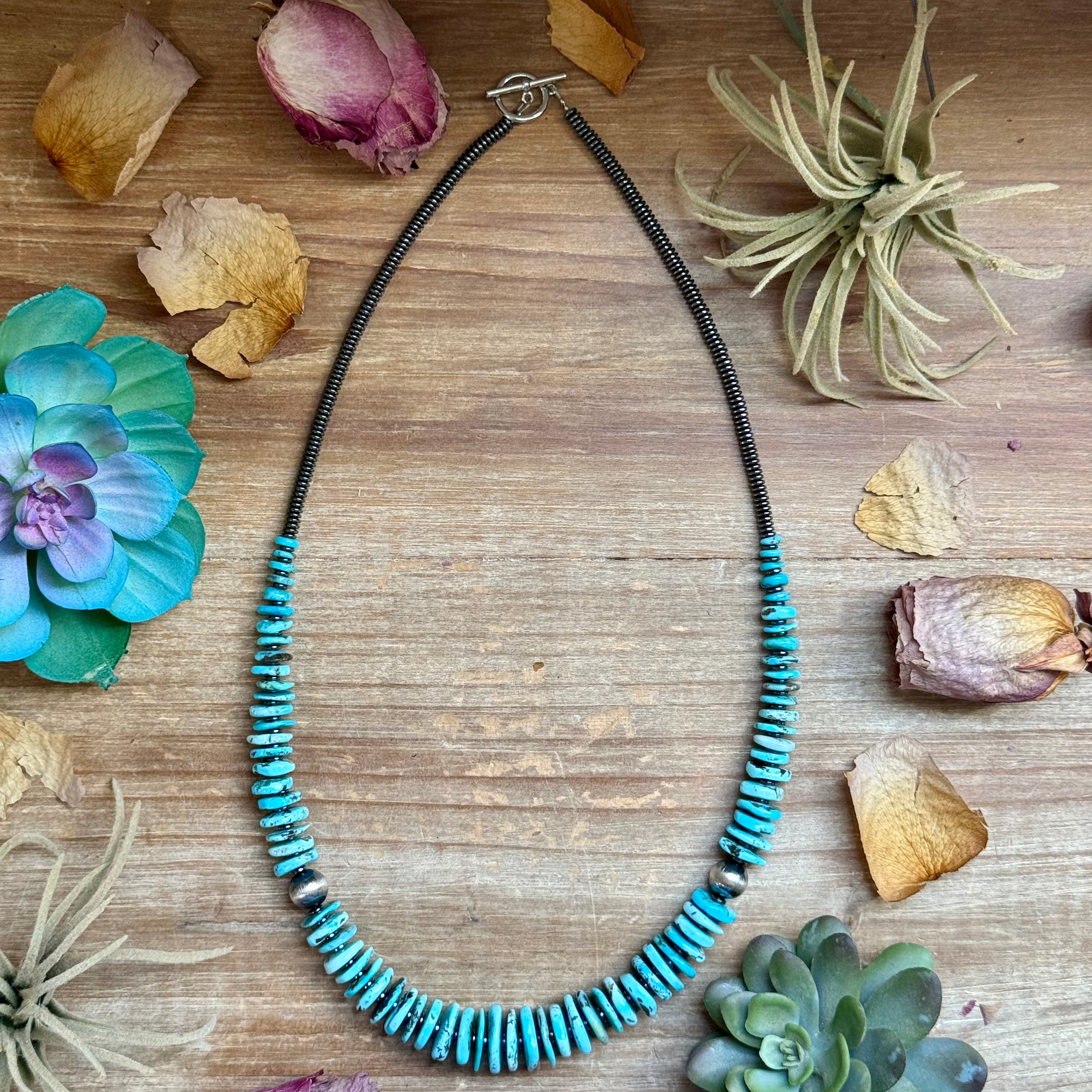 23” Ice Blue Turquoise Graduated Necklace – Sterling Silver & Hematite