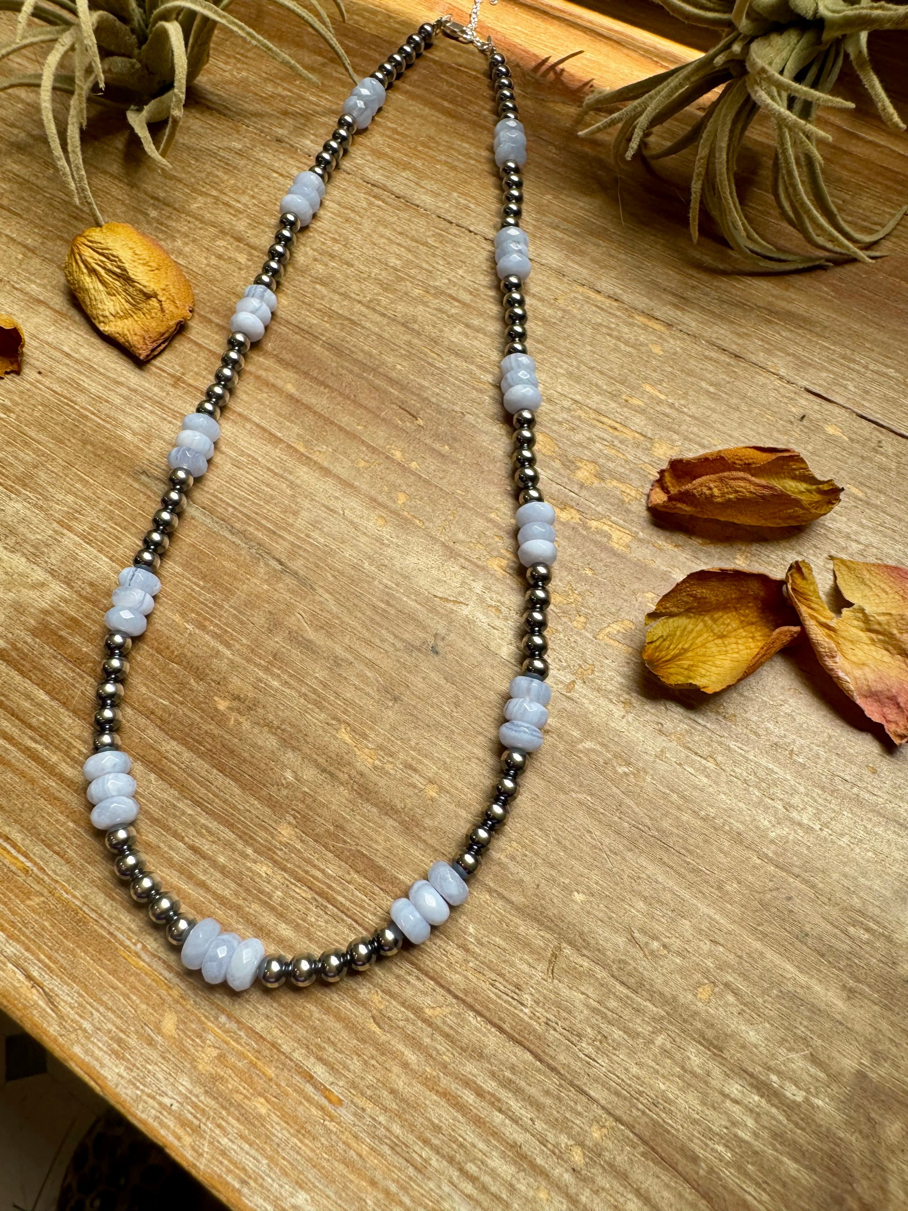 Blue Lace Agate & Sterling Silver Pearl Necklace – 20 ½” Plus Extender