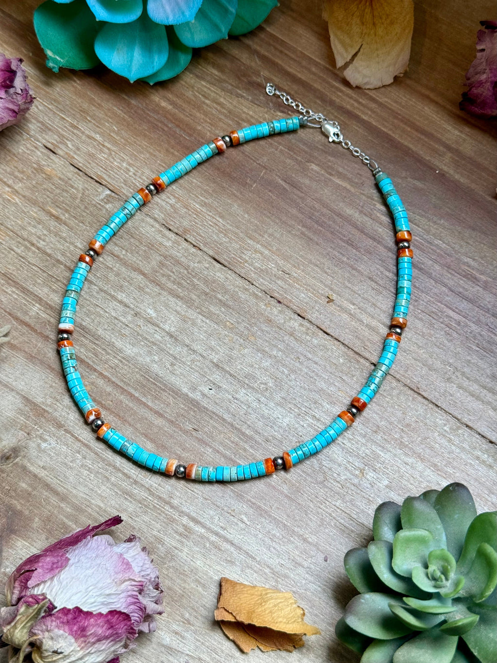 Turquoise & Spiny Oyster Heishi Necklace – 14”