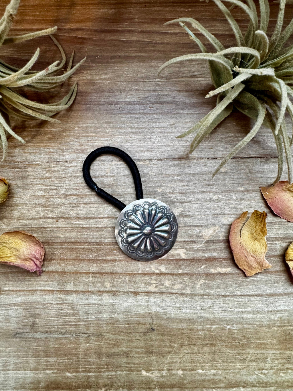Sterling silver concho hair tie with stamped Western detail, USA made ponytail holder for cowgirl hairstyle