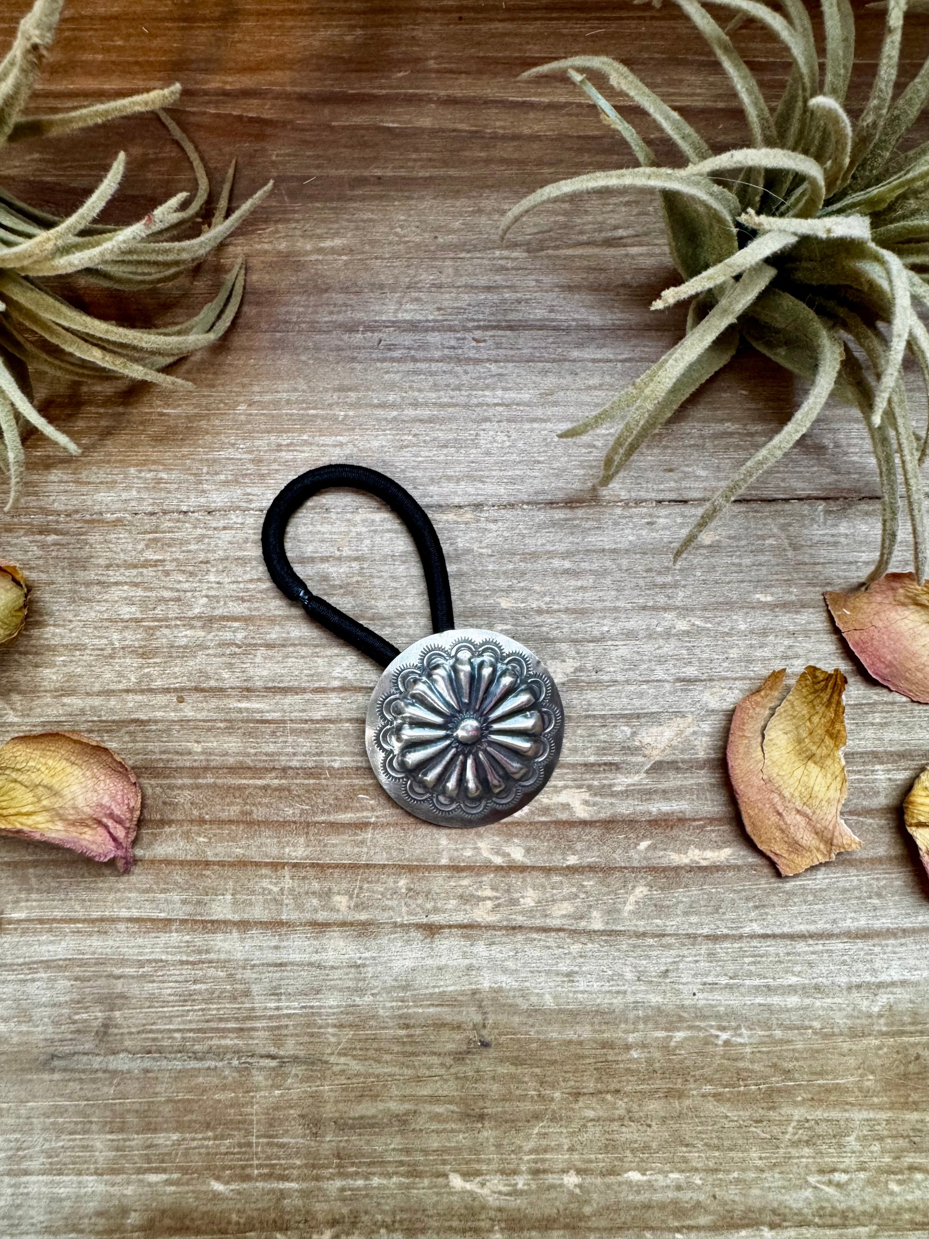 Sterling silver concho hair tie with stamped Western detail, USA made ponytail holder for cowgirl hairstyle