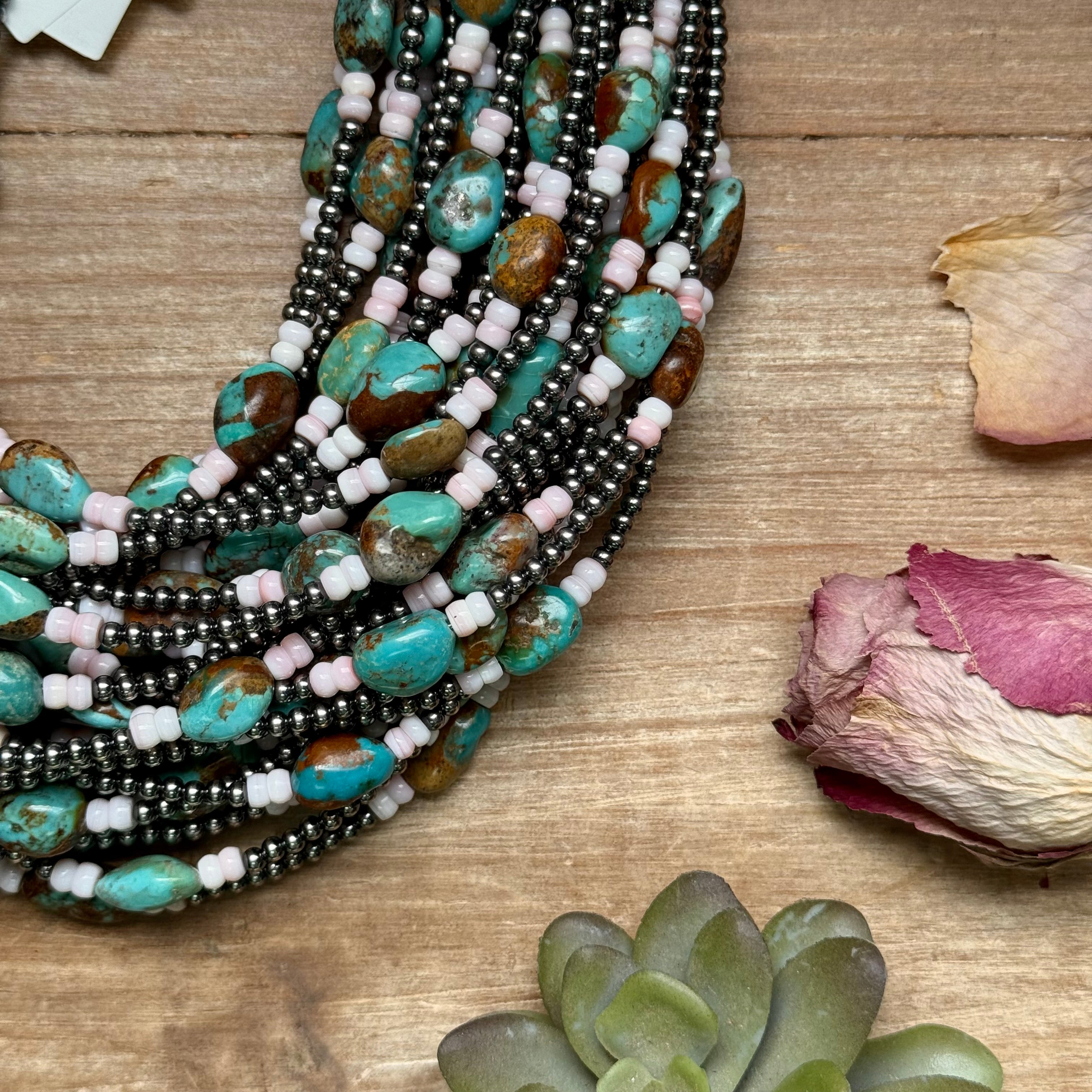 15” Pink Conch & Turquoise Necklace – Sterling Silver
