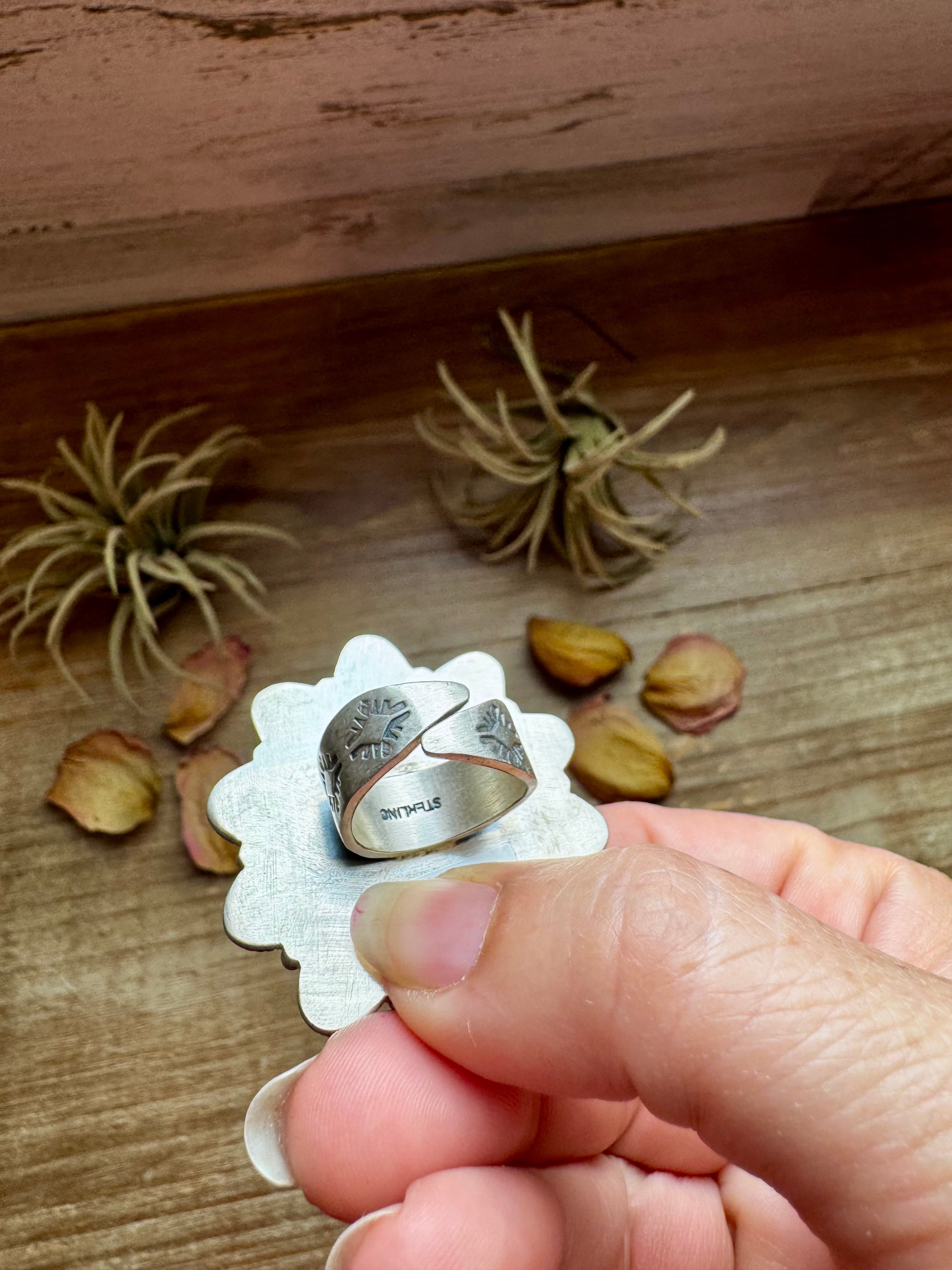 Mojave Spiny Oyster Turquoise Flower Ring – Adjustable Sterling Silver Statement
