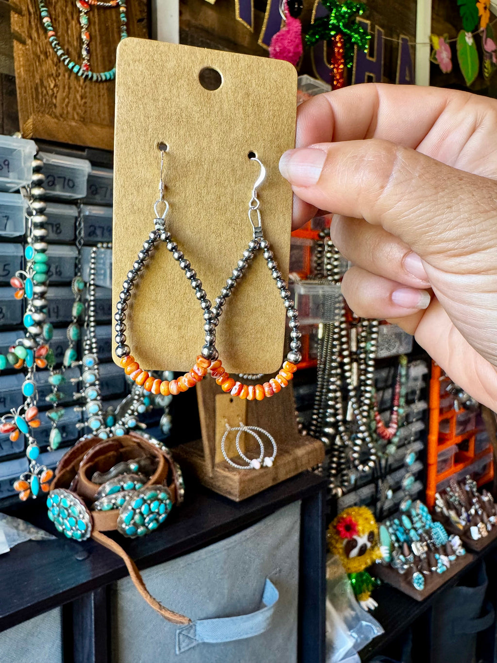 Orange Spiny Oyster & Sterling Pearl Earrings | The Bijoux FAB