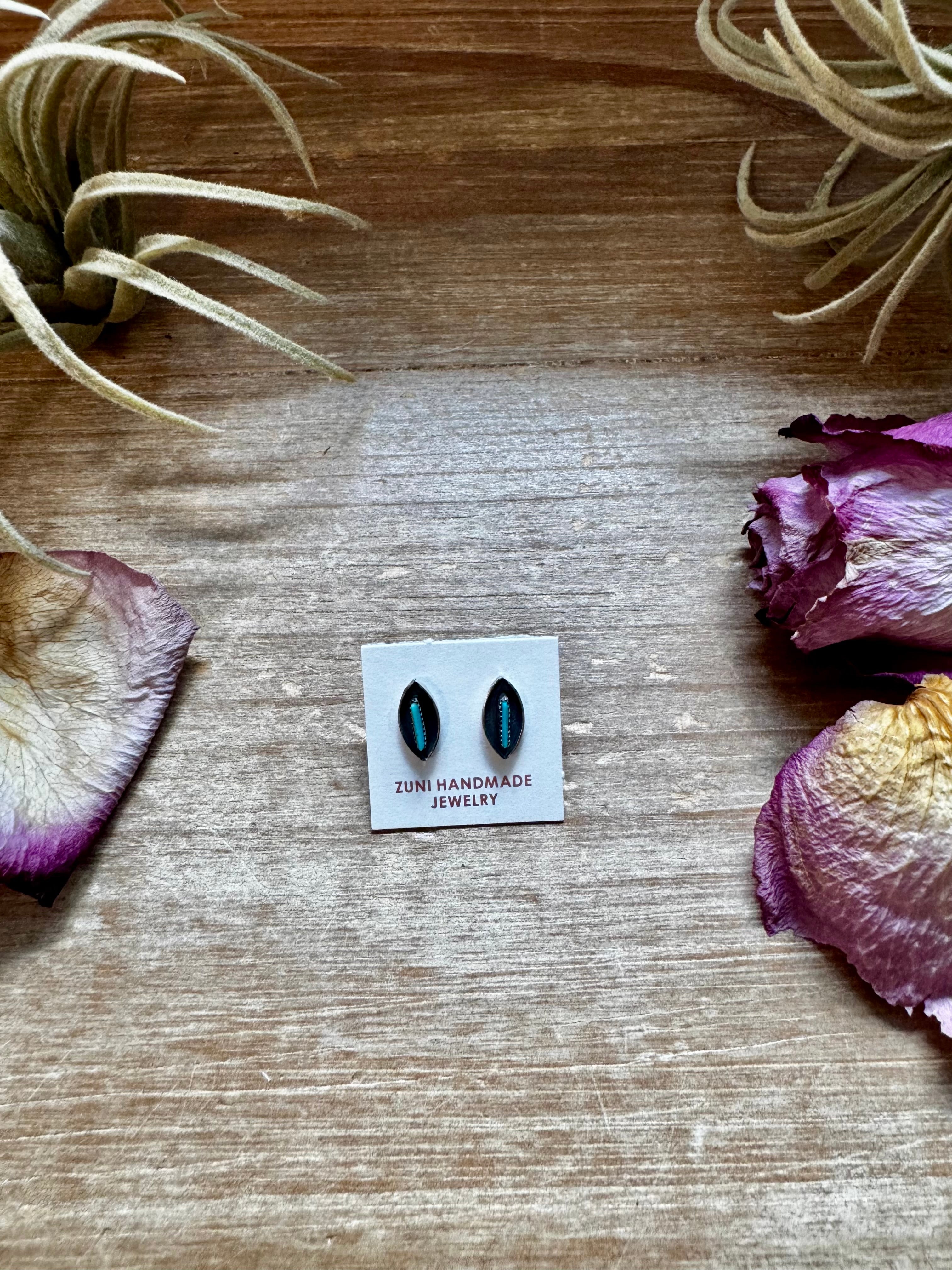 Mini Kingman turquoise inlay stud earrings in sterling silver, Zuni handmade Western jewelry piece