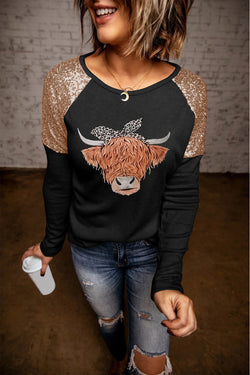 Sequin Cow Graphic Round Neck Top