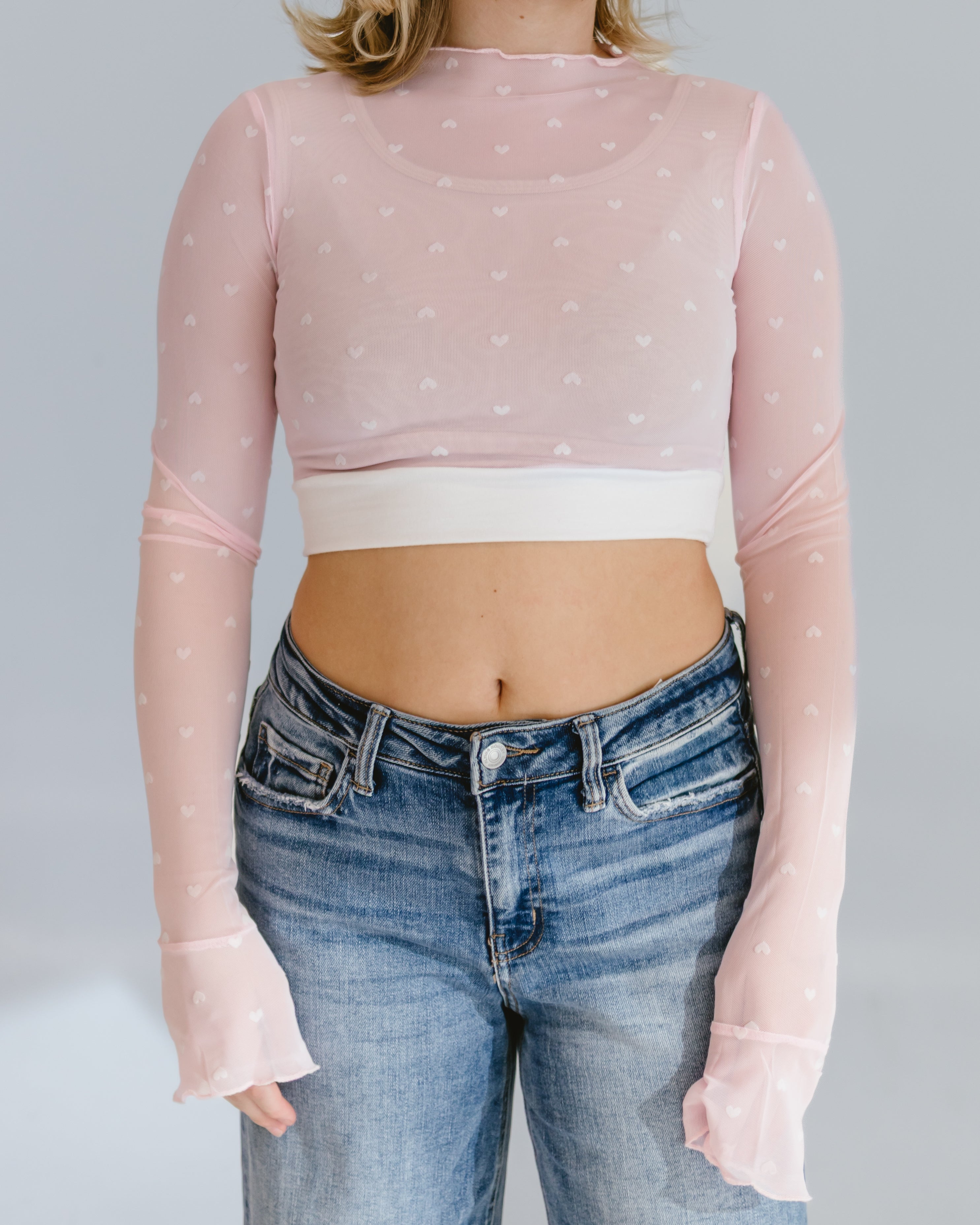 Heart Mesh Mock Neck Halftee