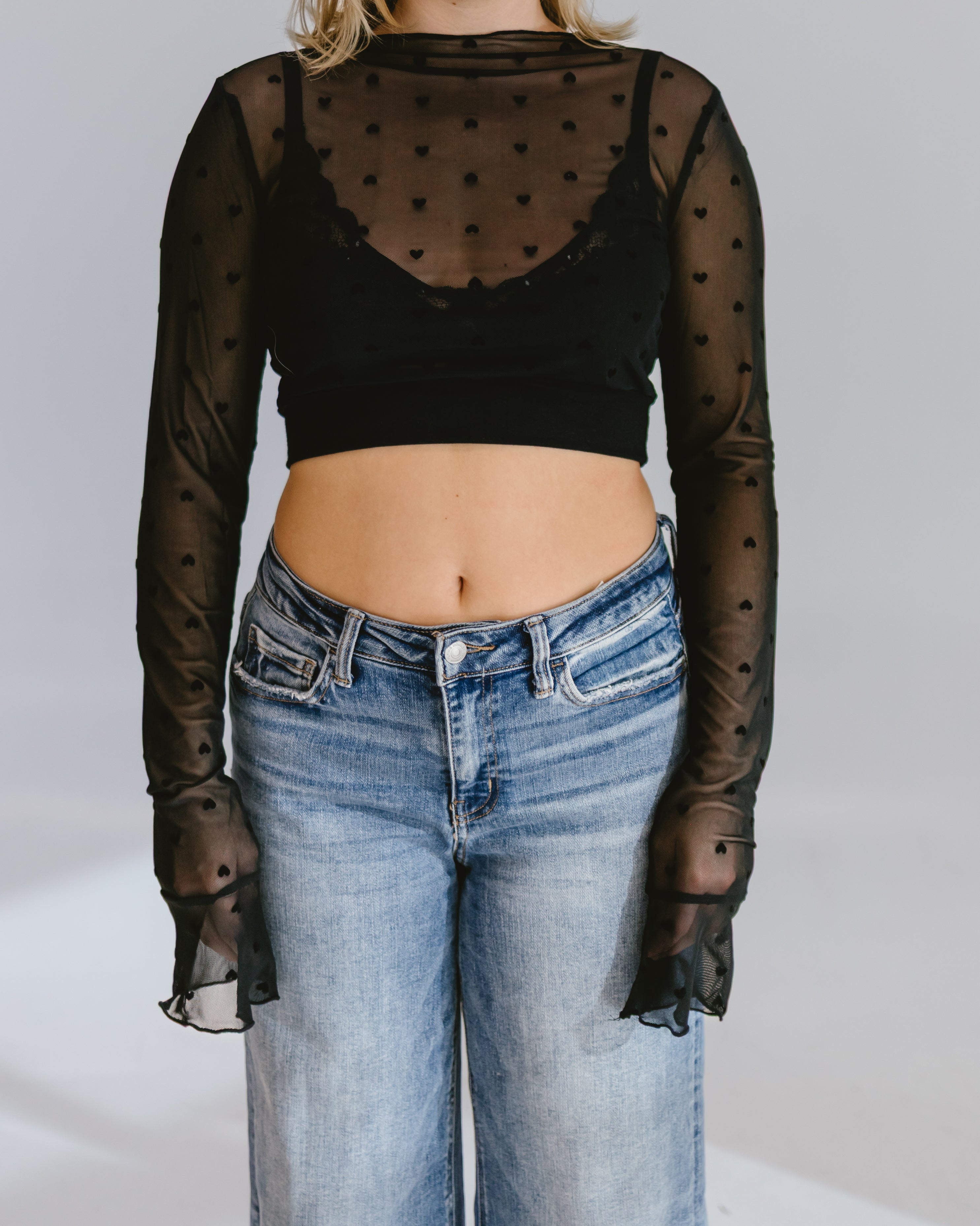 Heart Mesh Mock Neck Halftee