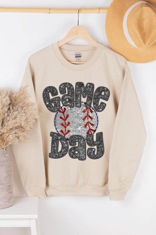 Baseball Game Day faux sequin sparkle graphic sweatshirt unisex fleece game day crewneck.