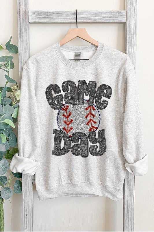 Baseball Game Day faux sequin sparkle graphic sweatshirt unisex fleece game day crewneck.