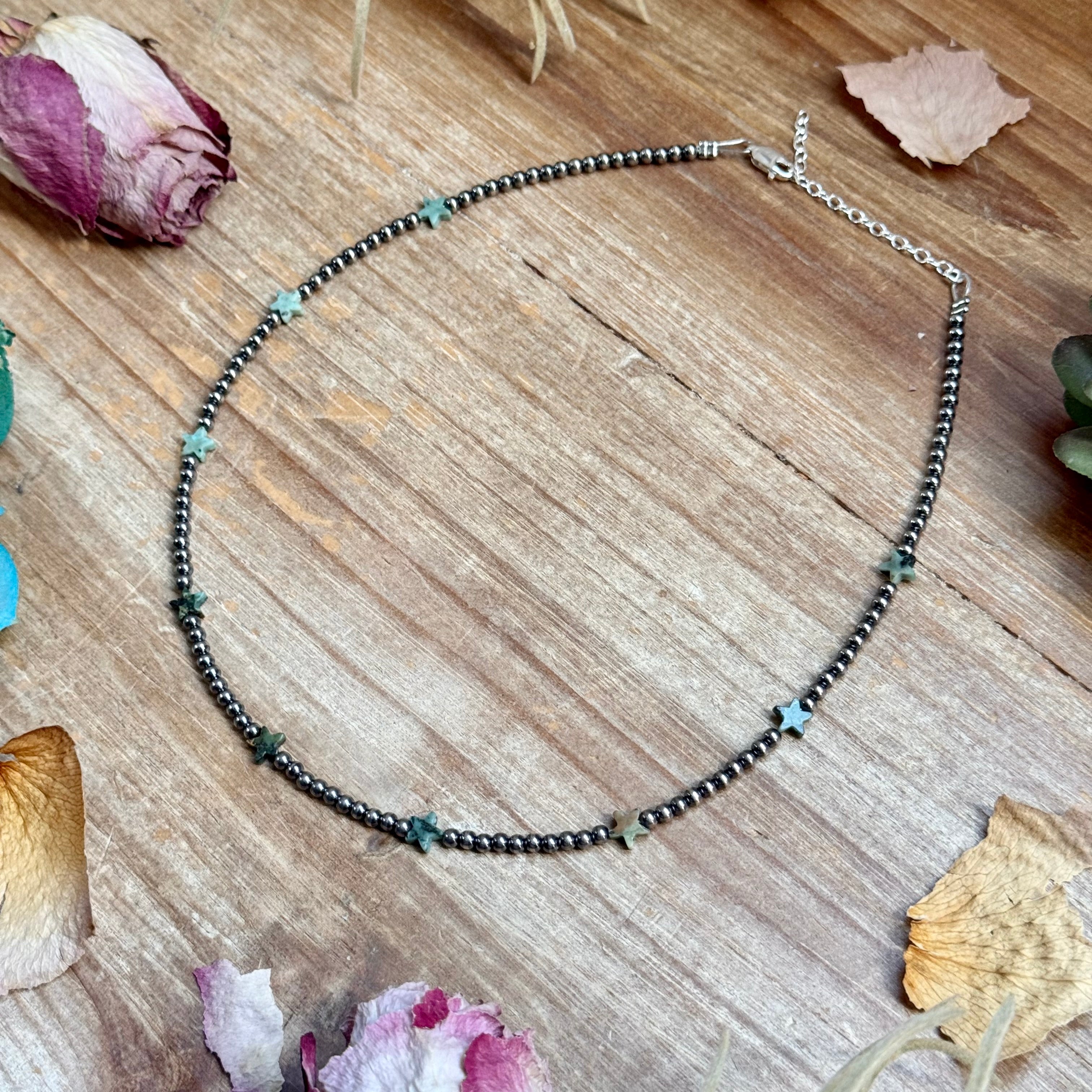 African Turquoise Star Necklace – Sterling Silver Pearls (15") | The Bijoux FAB