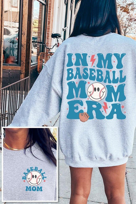 Baseball Mom Era graphic sweatshirt with front and back baseball design cozy fleece crewneck.