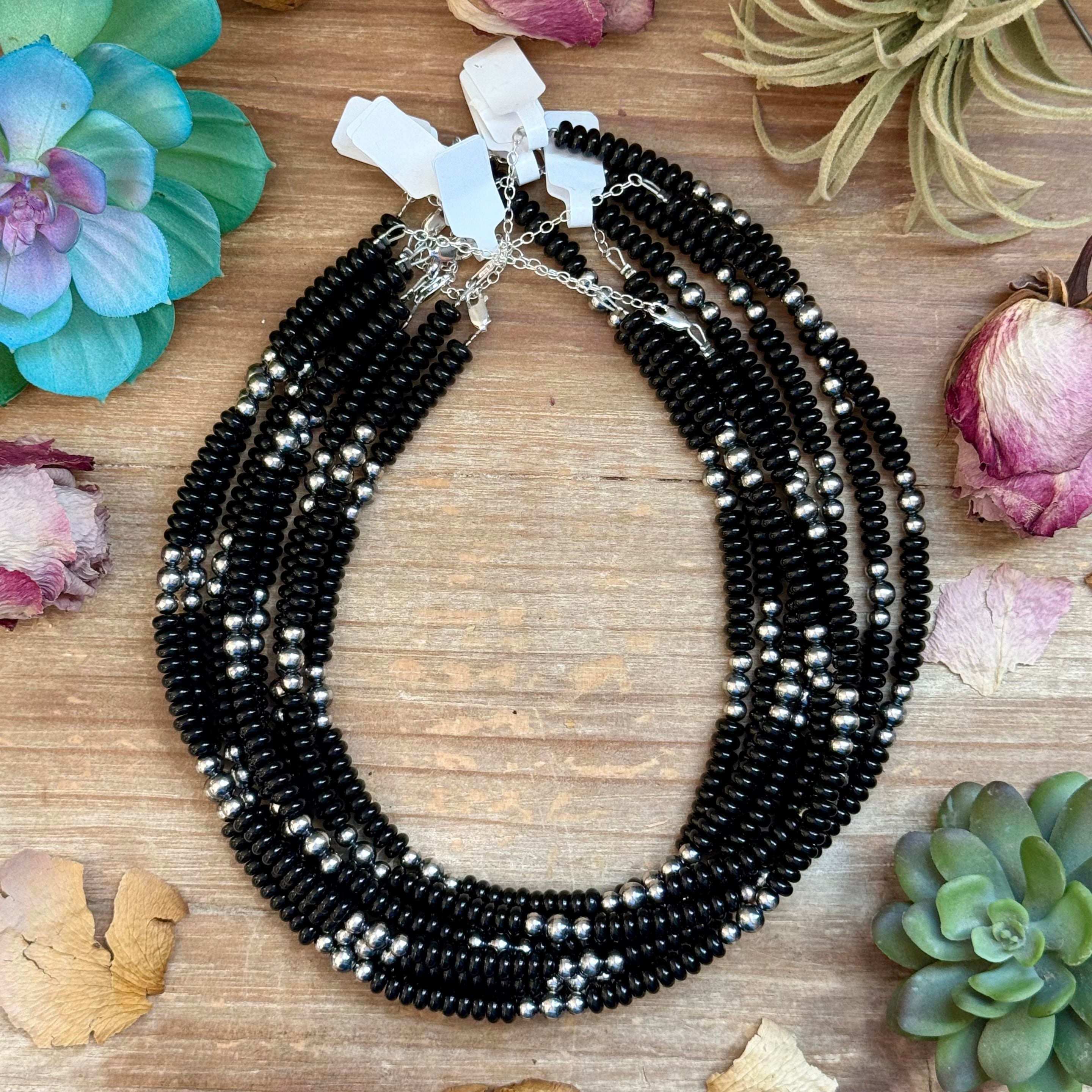Black Onyx & Sterling Pearl Necklace 16.5”