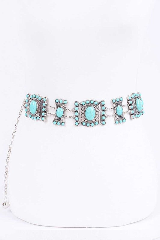 Turquoise and silver western adjustable chain belt with turquoise-look stones perfect for cowgirl rodeo outfits.