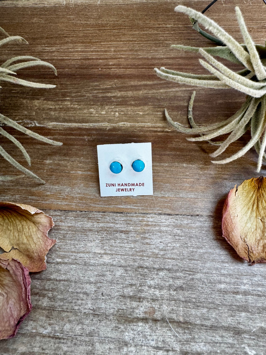 Stud Earrings – Kingman Turquoise – Sterling Silver – Handmade by Mary Ann Neha, Zuni Artist