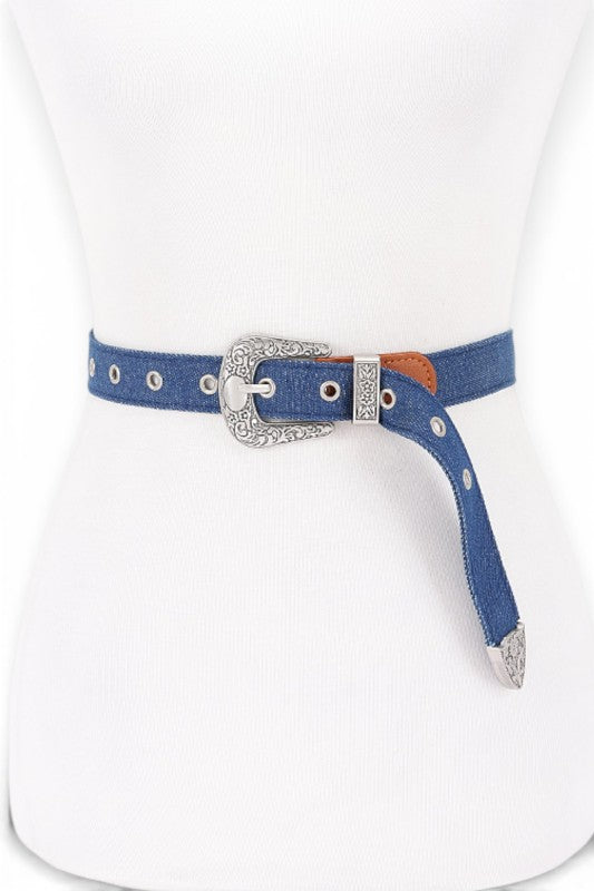 Denim western buckle fashion belt with classic western buckle design for cowgirl outfits.