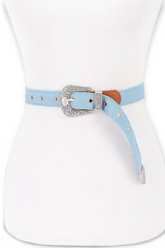 Soft light denim western buckle fashion belt with classic western buckle design for cowgirl outfits.