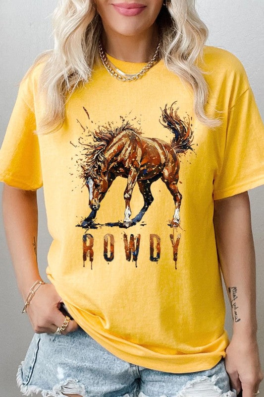 Rowdy western horse graphic t-shirt with painted horse design styled with denim and boots for rodeo outfit