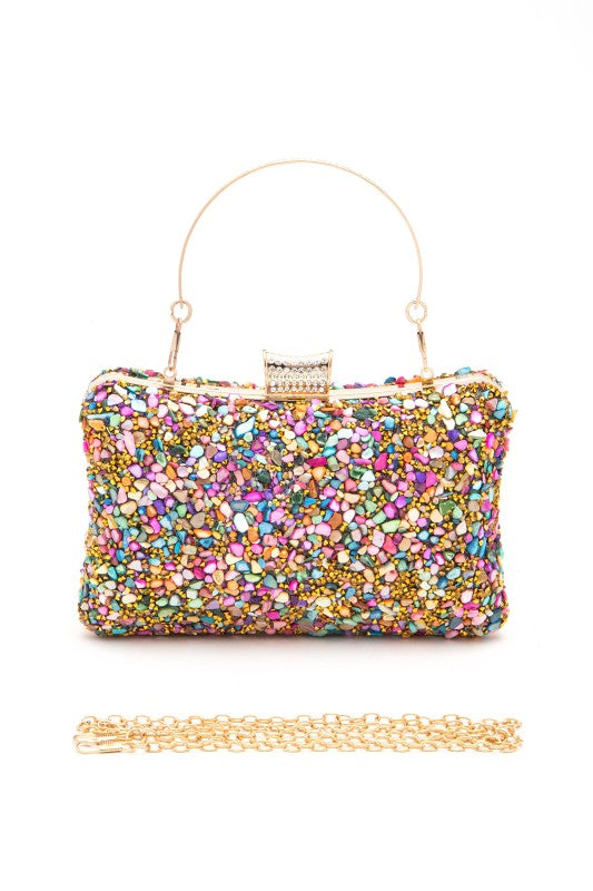 Western druzy stone clutch bag available in multi-color with shoulder chain perfect for cowgirl rodeo style.