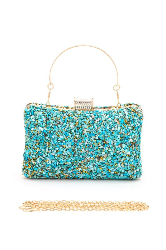 Western druzy stone clutch bag available in turquoise with shoulder chain perfect for cowgirl rodeo style.