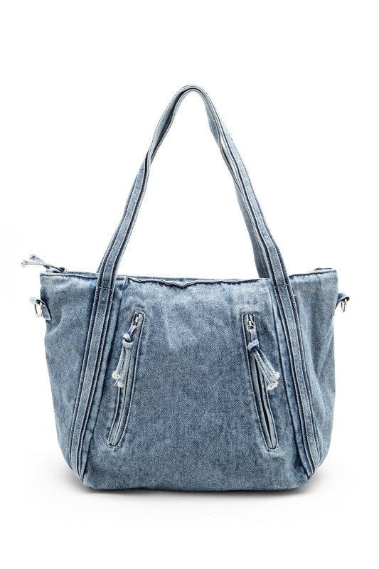 Vintage washed denim fashion tote bag with top handle and shoulder strap perfect for casual western cowgirl style.