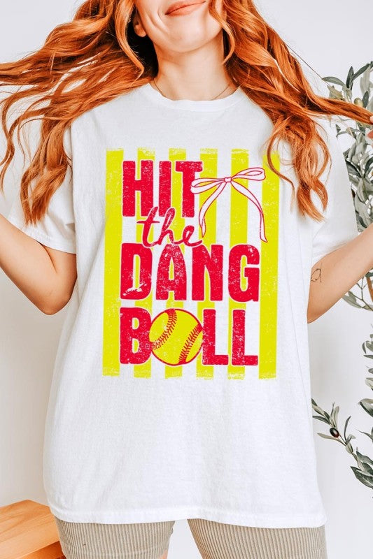 Hit the Dang Ball softball graphic tee styled with denim shorts and sneakers for casual softball game day outfit