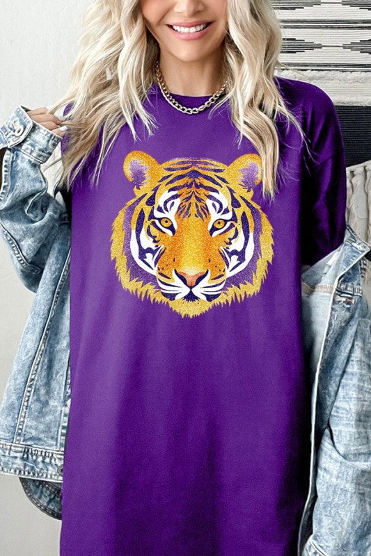 Tiger head faux glitter graphic t-shirt in purple and gold styled with denim for game day outfit