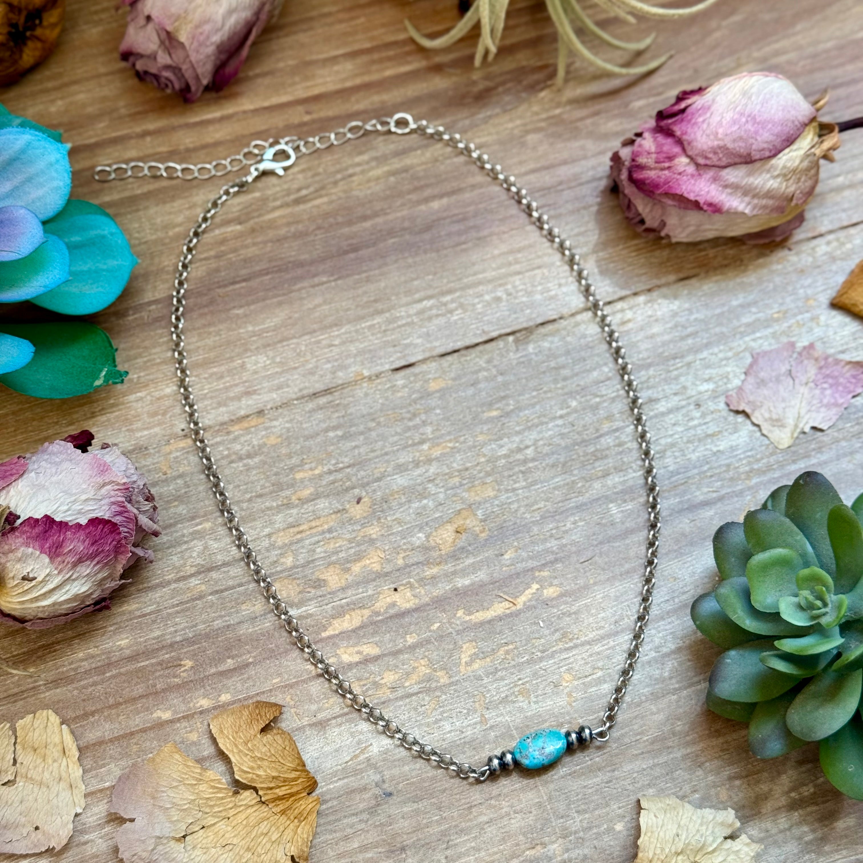 Turquoise Center & Sterling Saucer Pearl Necklace 16”