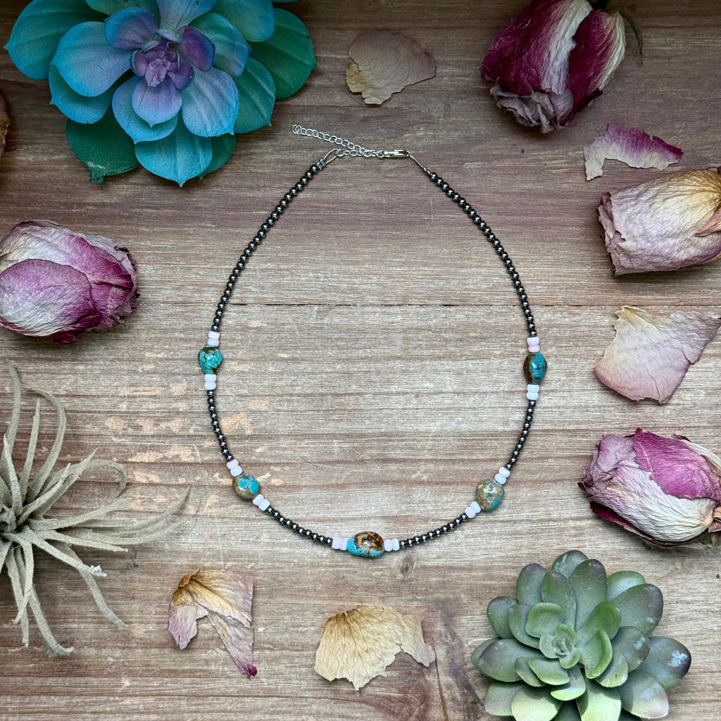 Pink conch and turquoise necklace with sterling silver pearls western handmade jewelry by The Bijoux FAB.
